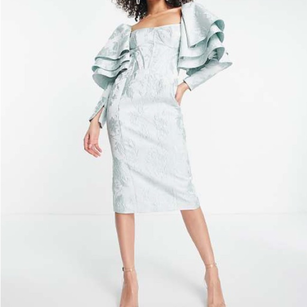 ASOS Luxe jacquard seafoam green puff sleeve corset style midi pencil dress.